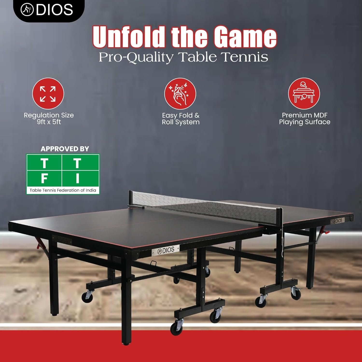 DIOS Table Tennis Table | TTFI Approved Tournament-Grade Ping Pong Table | 25MM Foldable Indoor TT Board with Playback Mode | Quick Assembly