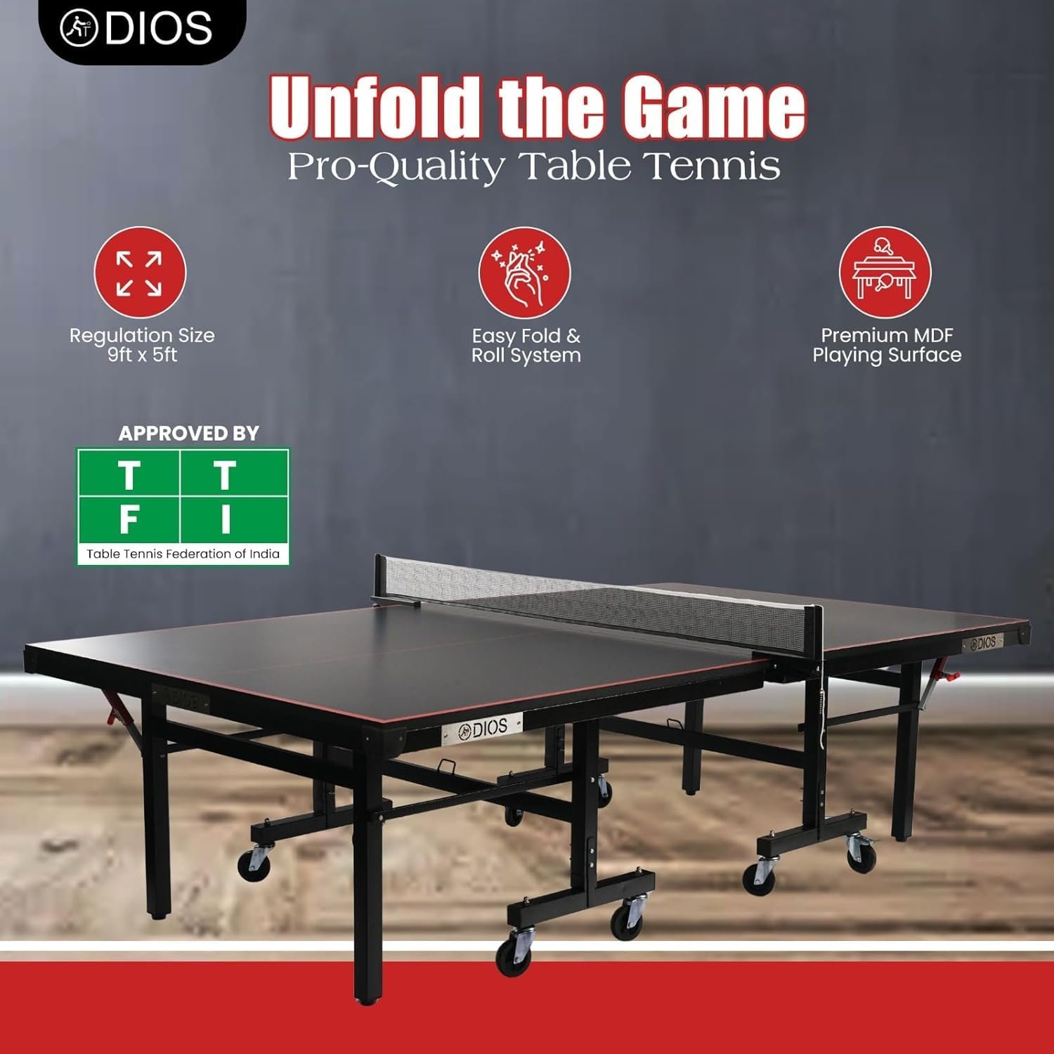 DIOS Table Tennis (T.T) Table| Tournament-Grade Ping Pong Table | Quick Assembly | Foldable with Playback Mode | Indoor & Professional Use (Black, 15MM) - image 1