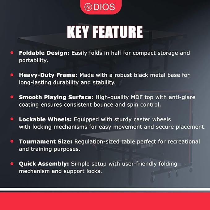 DIOS Table Tennis Table | TTFI Approved Tournament-Grade Ping Pong Table | 18MM Foldable Indoor TT Board with Playback Mode | Quick Assembly Professional Sports Game Table (Black, 18MM) - image 3