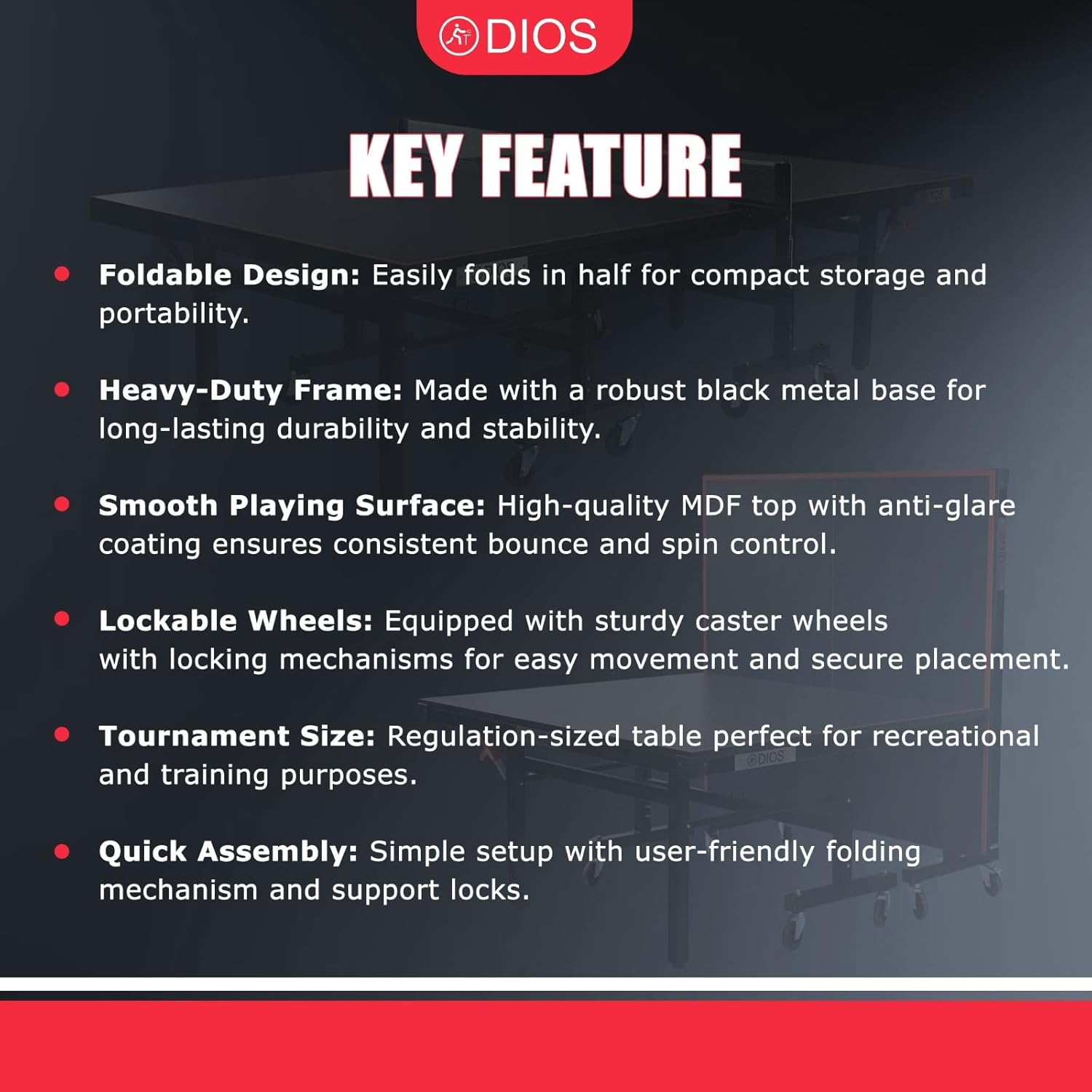 DIOS Table Tennis (T.T) Table| Tournament-Grade Ping Pong Table | Quick Assembly | Foldable with Playback Mode | Indoor & Professional Use (Black, 15MM) - image 3