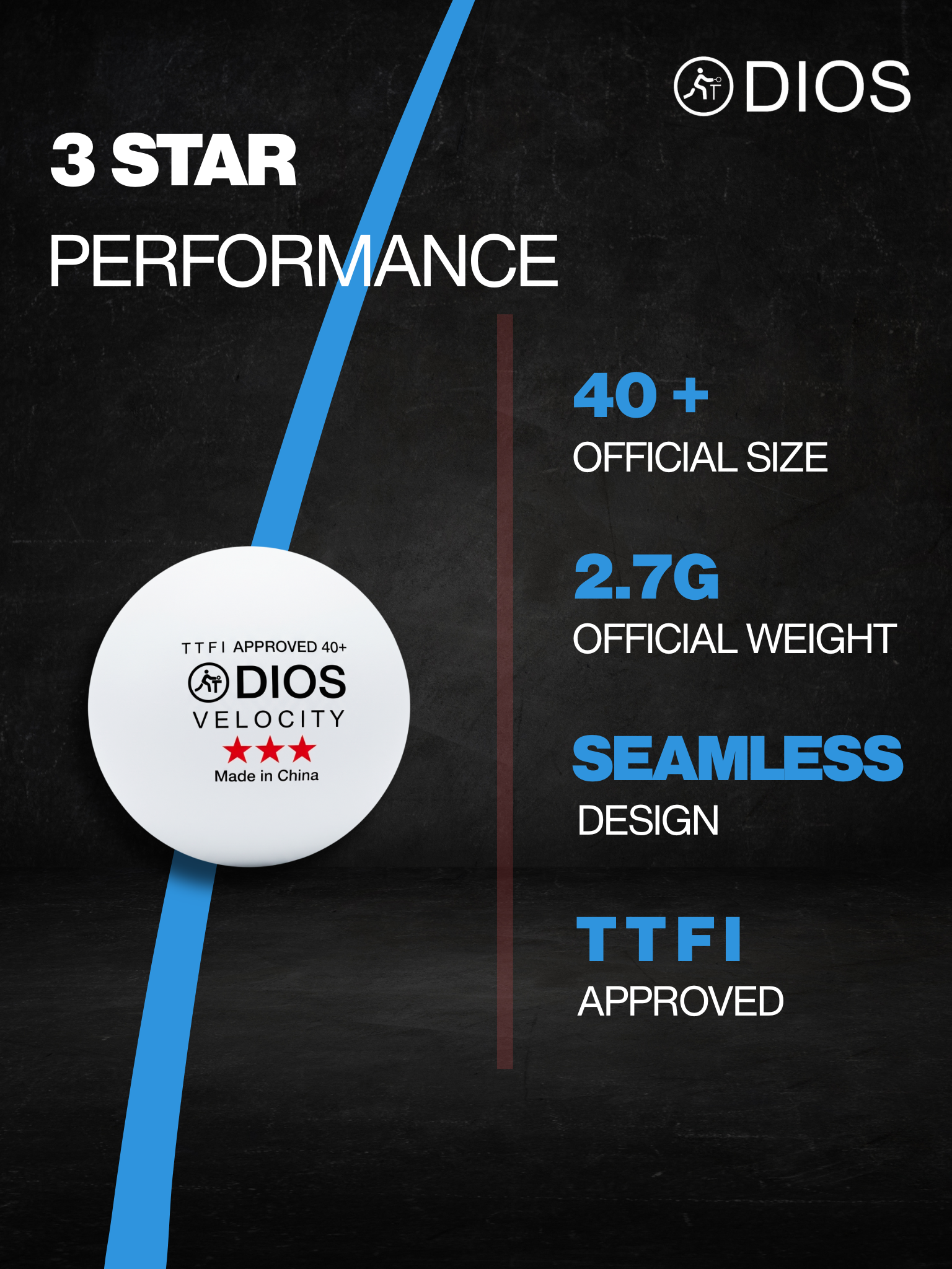 Dios Velocity 3 Star Table Tennis Balls | TTFI Approved | 40+ MM ABS | White | Pack of 6 - image 3