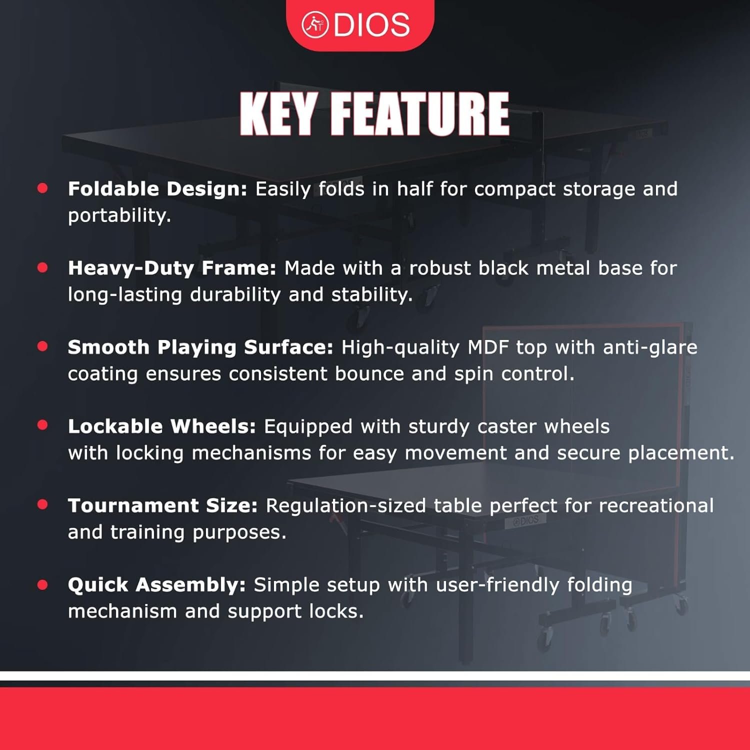 DIOS Table Tennis Table | TTFI Approved Tournament-Grade Ping Pong Table | 25MM Foldable Indoor TT Board with Playback Mode | Quick Assembly - image 4