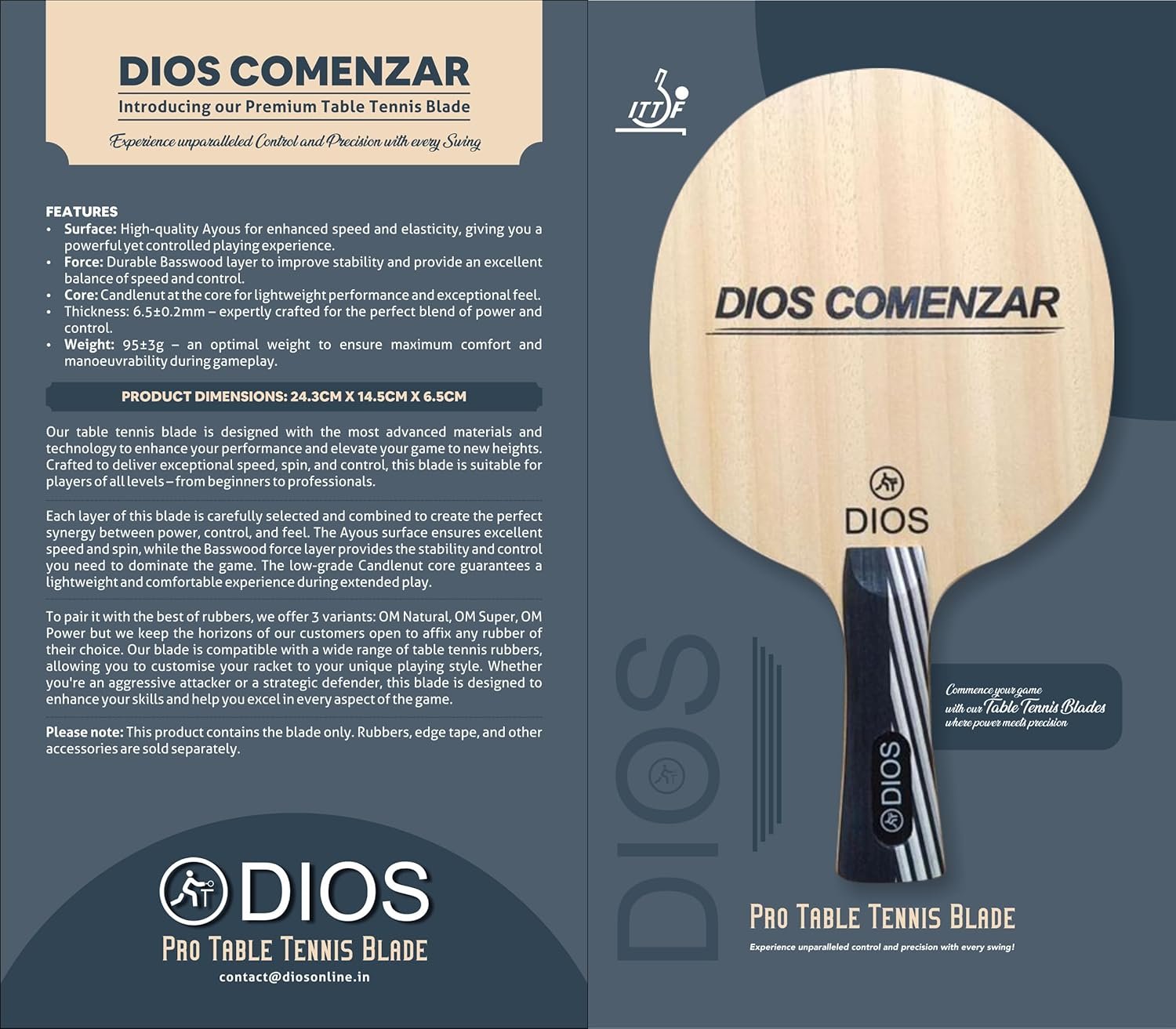 Dios COMENZAR Ayous Surface Grey Table Tennis Blade with Candlenut Core & Basswood Layer | 6.5mm Offensive Ping Pong Blade | High Speed, Stability & Control - image 4