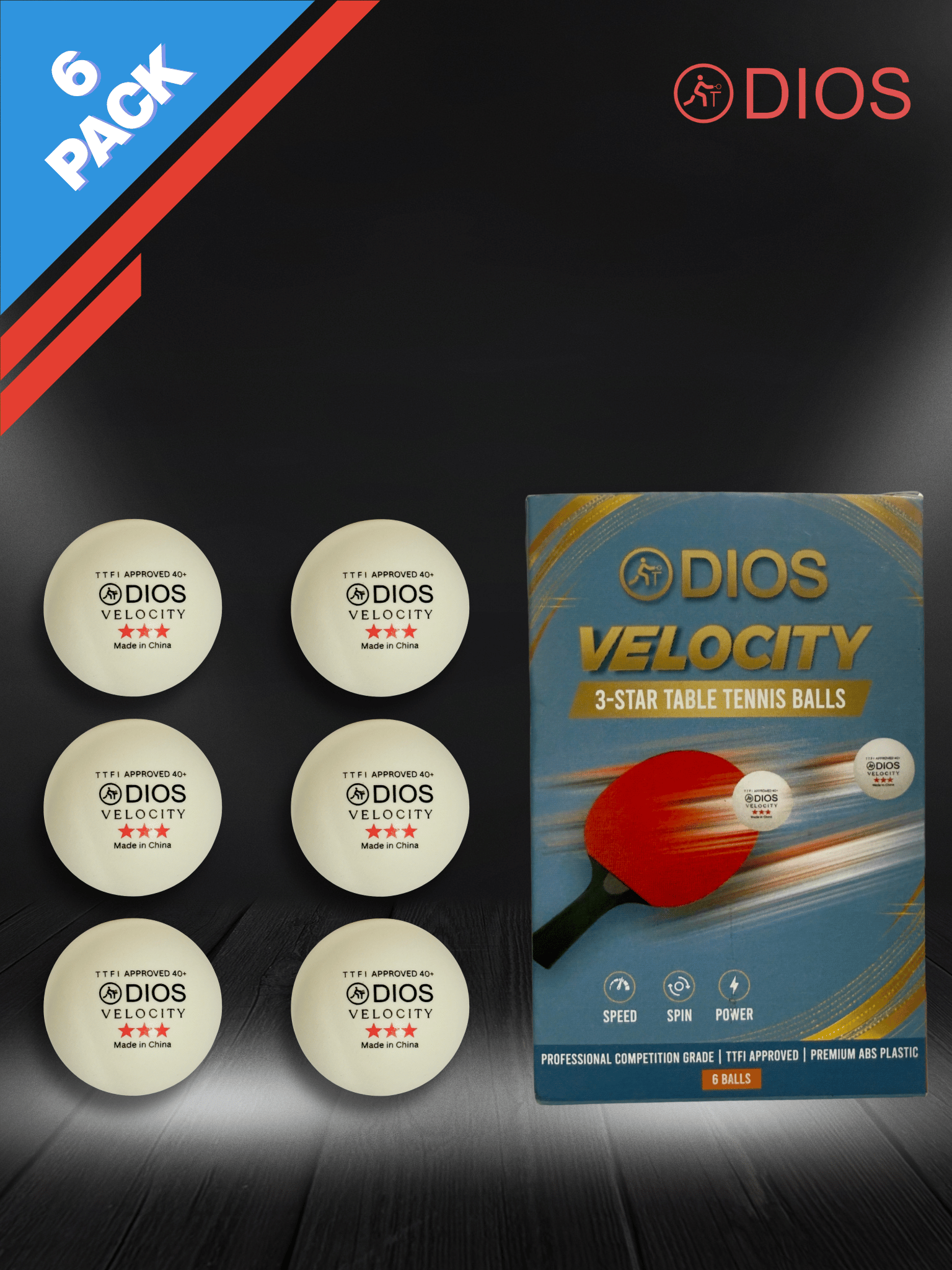 Dios Velocity 3 Star Table Tennis Balls | TTFI Approved | 40+ MM ABS | White | Pack of 6 - image 2