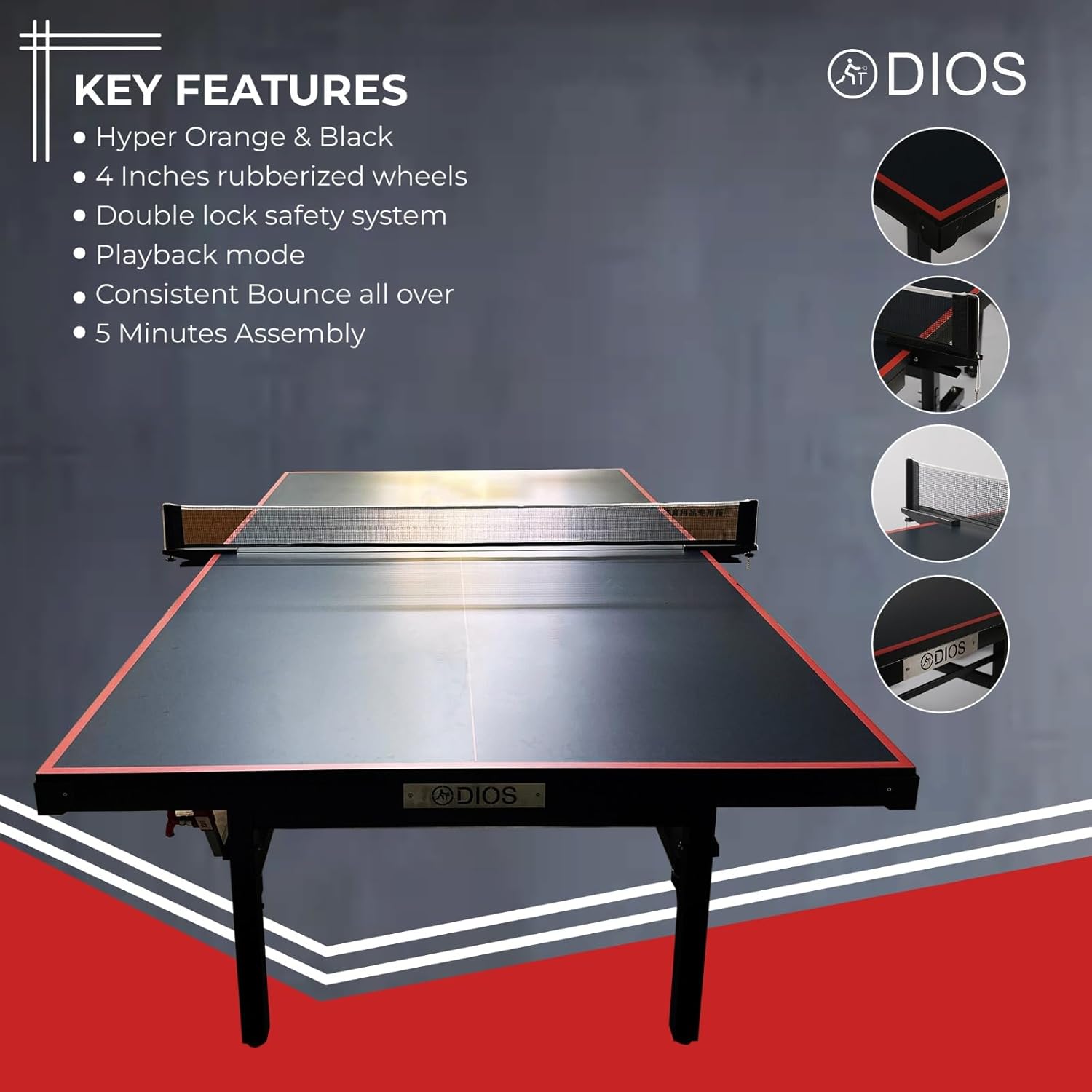 DIOS Table Tennis (T.T) Table| Tournament-Grade Ping Pong Table | Quick Assembly | Foldable with Playback Mode | Indoor & Professional Use (Black, 15MM) - image 2