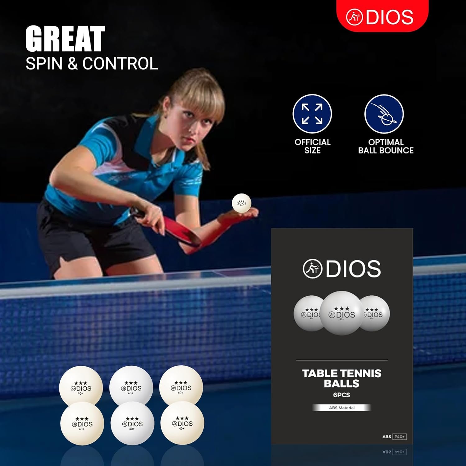 Dios 3 Star Table Tennis Balls | 40+ MM ABS | White | Pack of 6 - image 5
