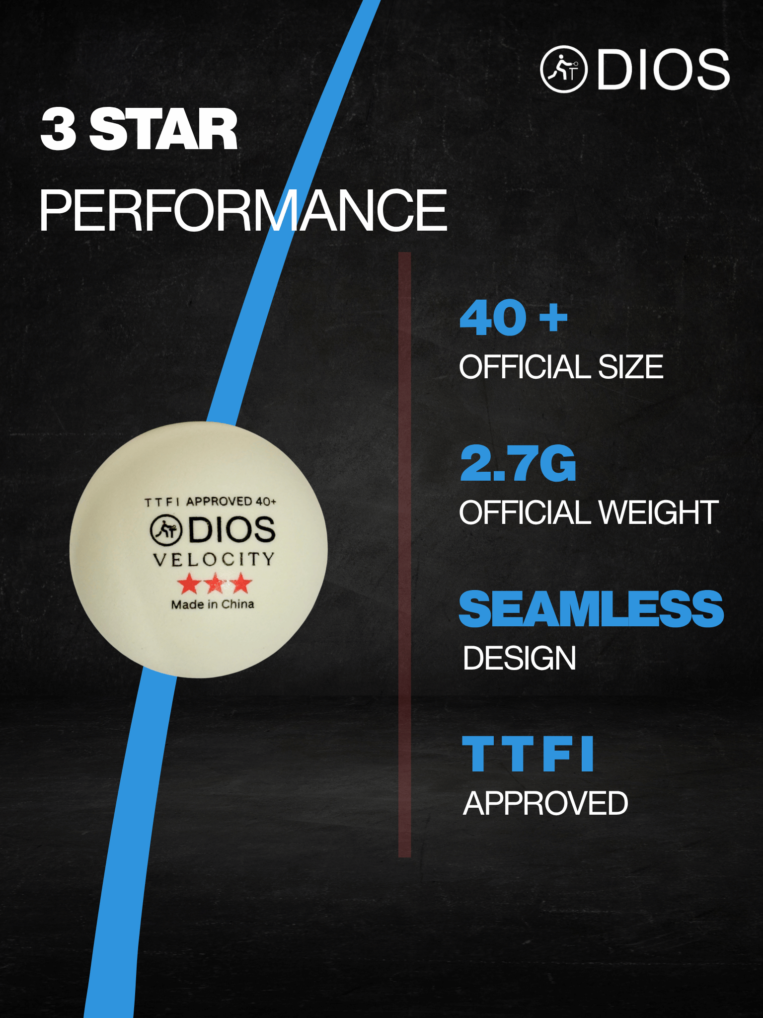 Dios Velocity 3 Star Table Tennis Balls | TTFI Approved | 40+ MM ABS | White | Pack of 6 - image 3